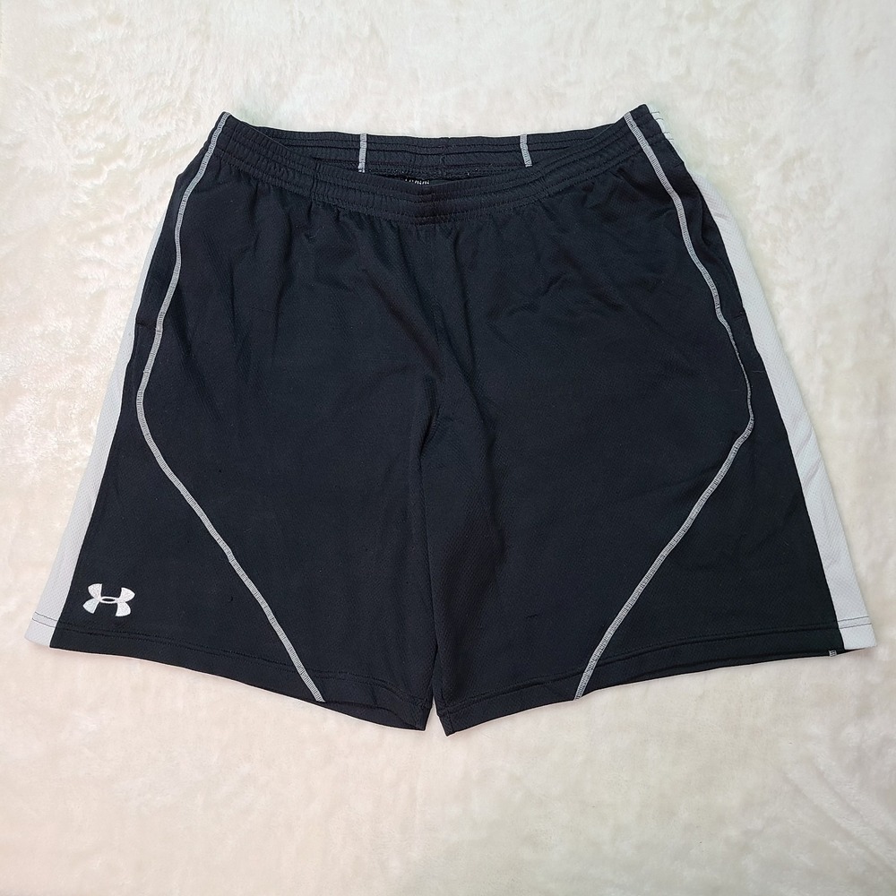 Under Armour Men's Athletic Shorts Large Black White Knit Loose Fit Drawstring